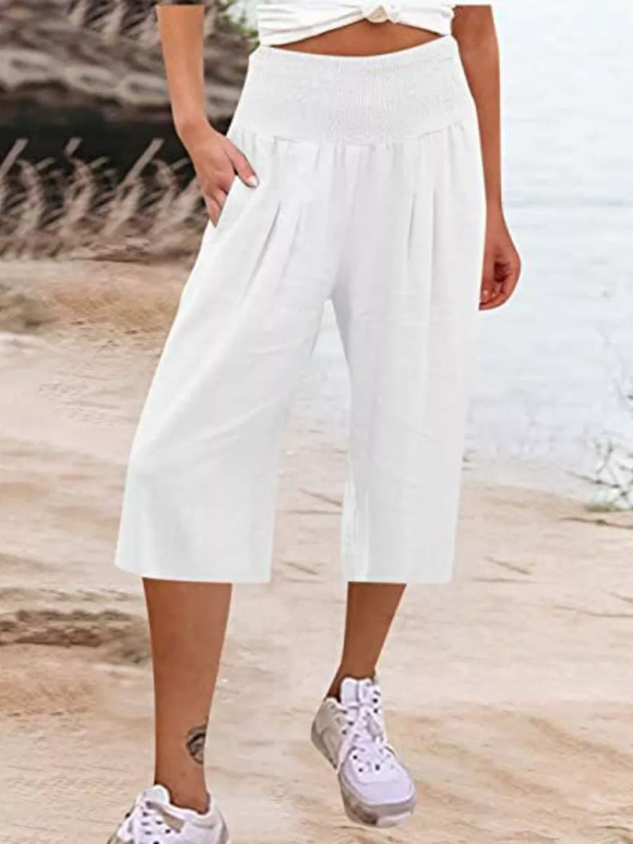 White linen blend culottes with smocked waist and pockets