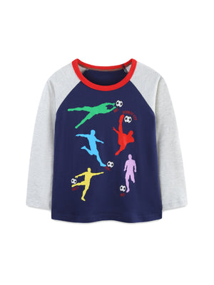 Navy long sleeve tee with colorful soccer player graphic and red trim.