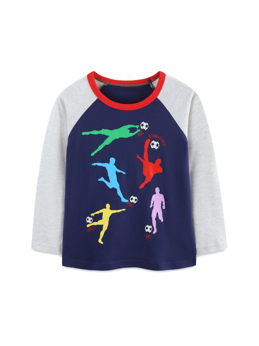 Navy long sleeve tee with colorful soccer player graphic and red trim.