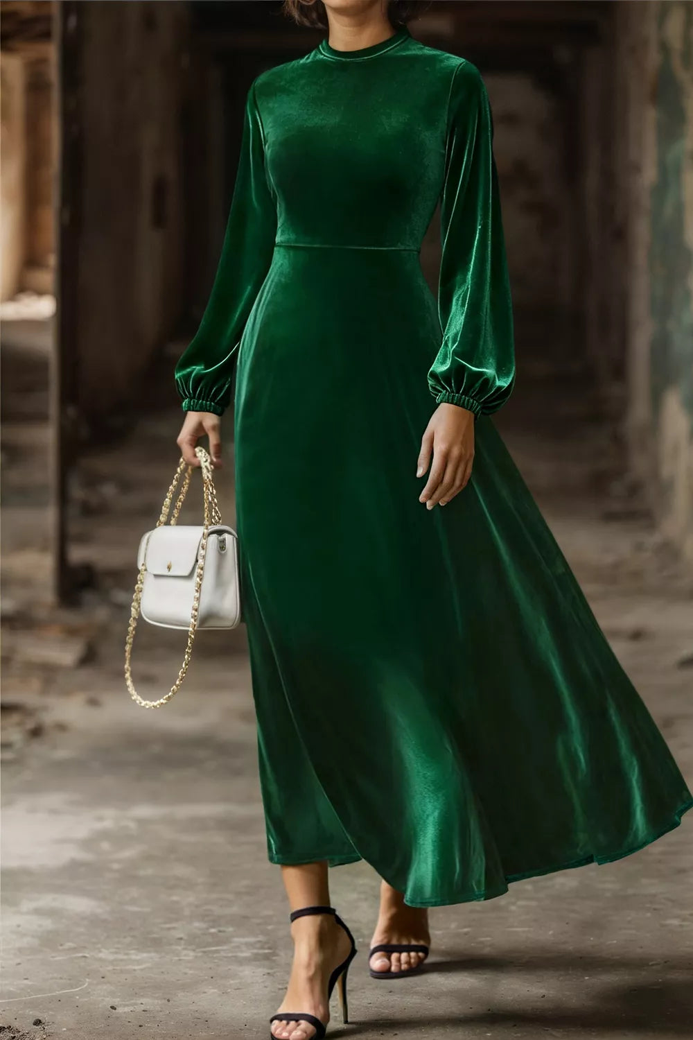 Dark Green Velvet Balloon Sleeve Maxi Dress