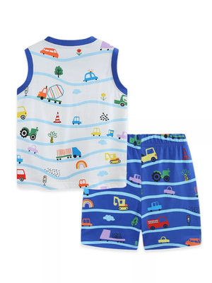 Toddler sleeveless top and shorts set with playful vehicle print on white and blue cotton.