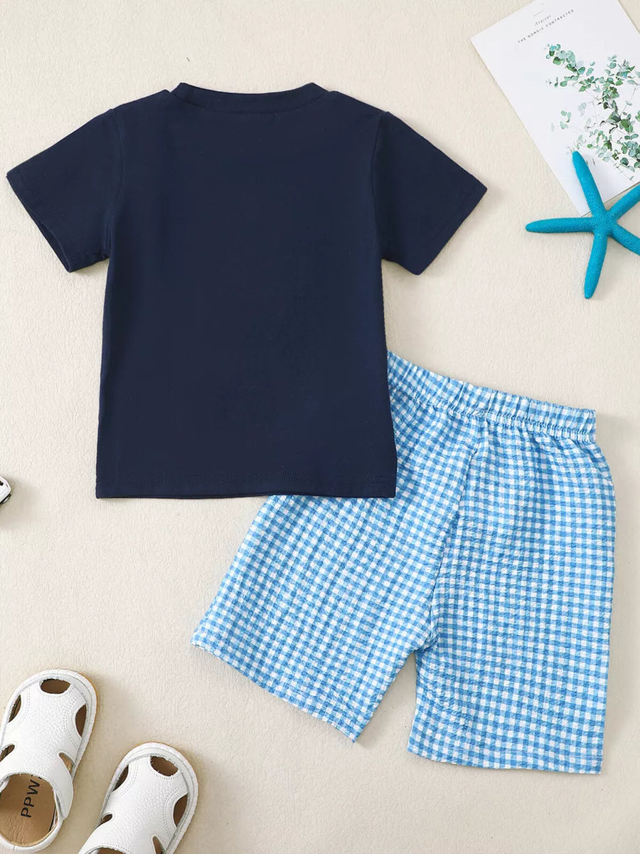 Navy short sleeve tee and blue gingham shorts set for baby boys.