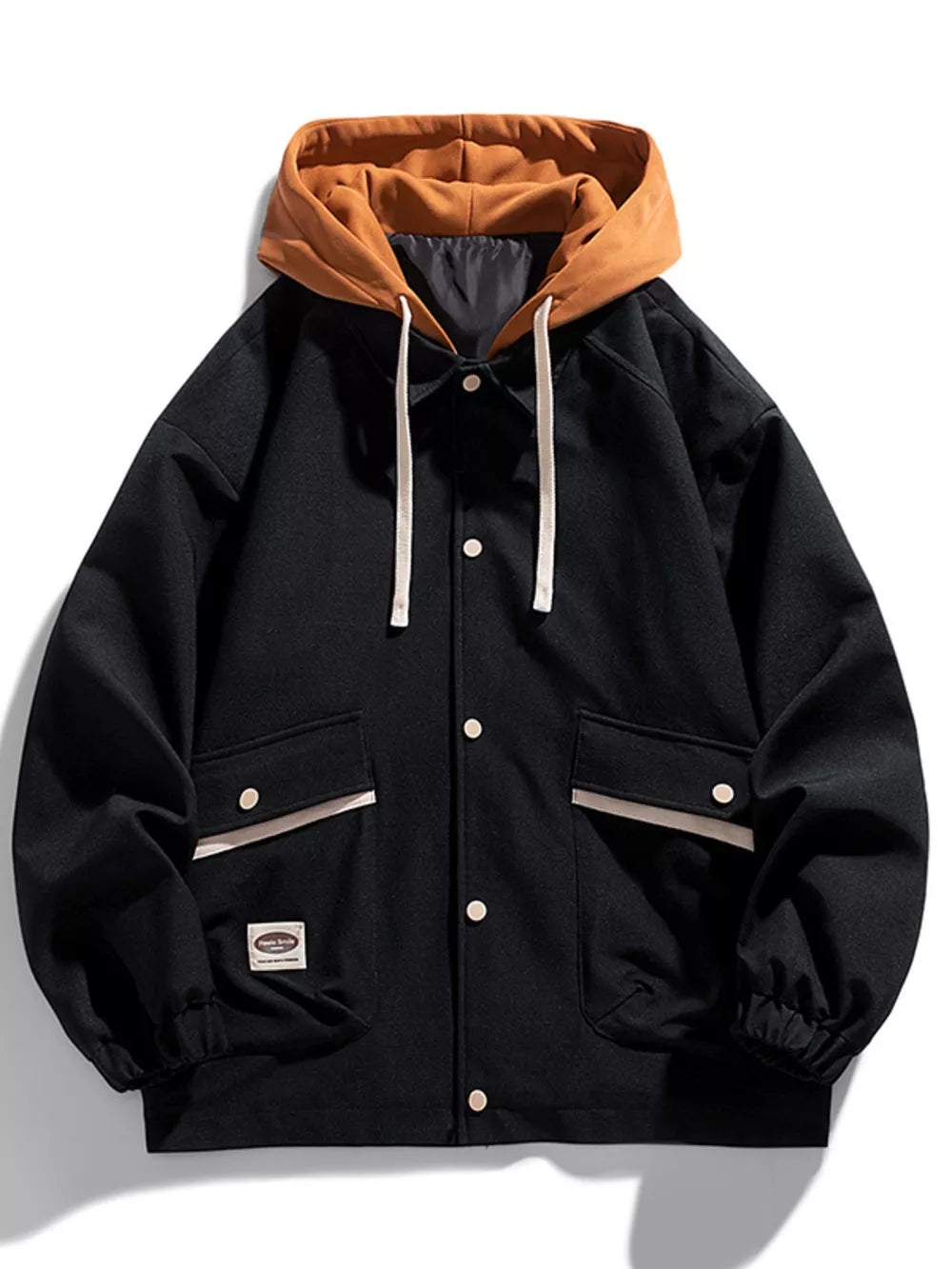 Black hooded button-up jacket with brown hood and white drawstrings.
