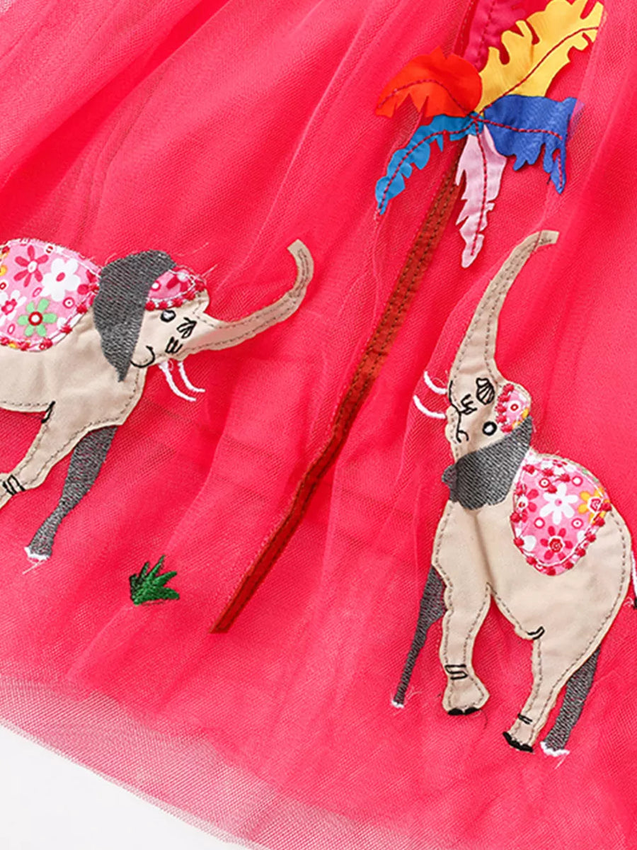 Toddler embroidered elephant tulle dress in bright pink with colorful applique details.