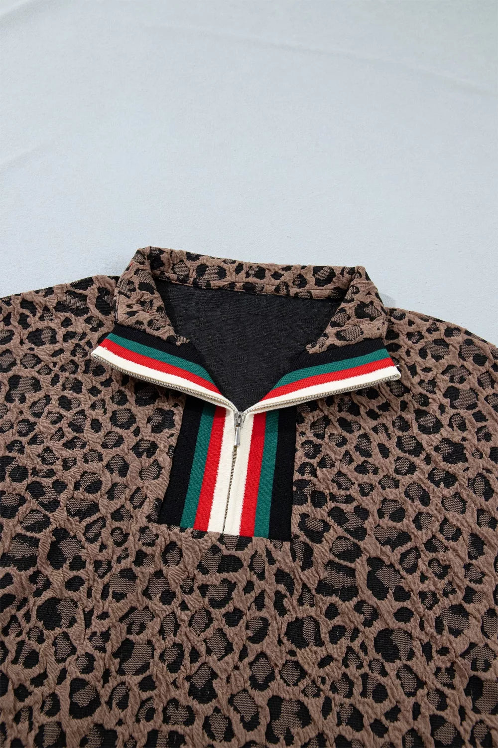 Leopard jacquard half-zip shirt with striped collar detail