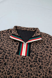 Leopard jacquard half-zip shirt with striped collar detail