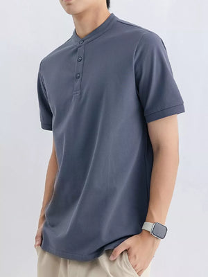 Men's blue gray cotton t-shirt with mandarin collar and button placket.