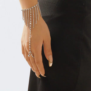 Rhinestone fringe hand chain bracelet with a ring, 18K gold-plated.
