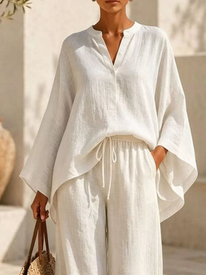 Dark Blue Notched Long Sleeve Top And Wide-leg Pants Set