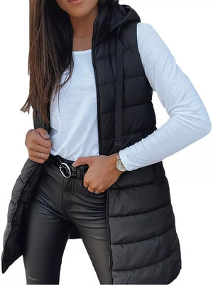 Zip Up Longline Hooded Puffer Vest Coat in Sage with lightweight