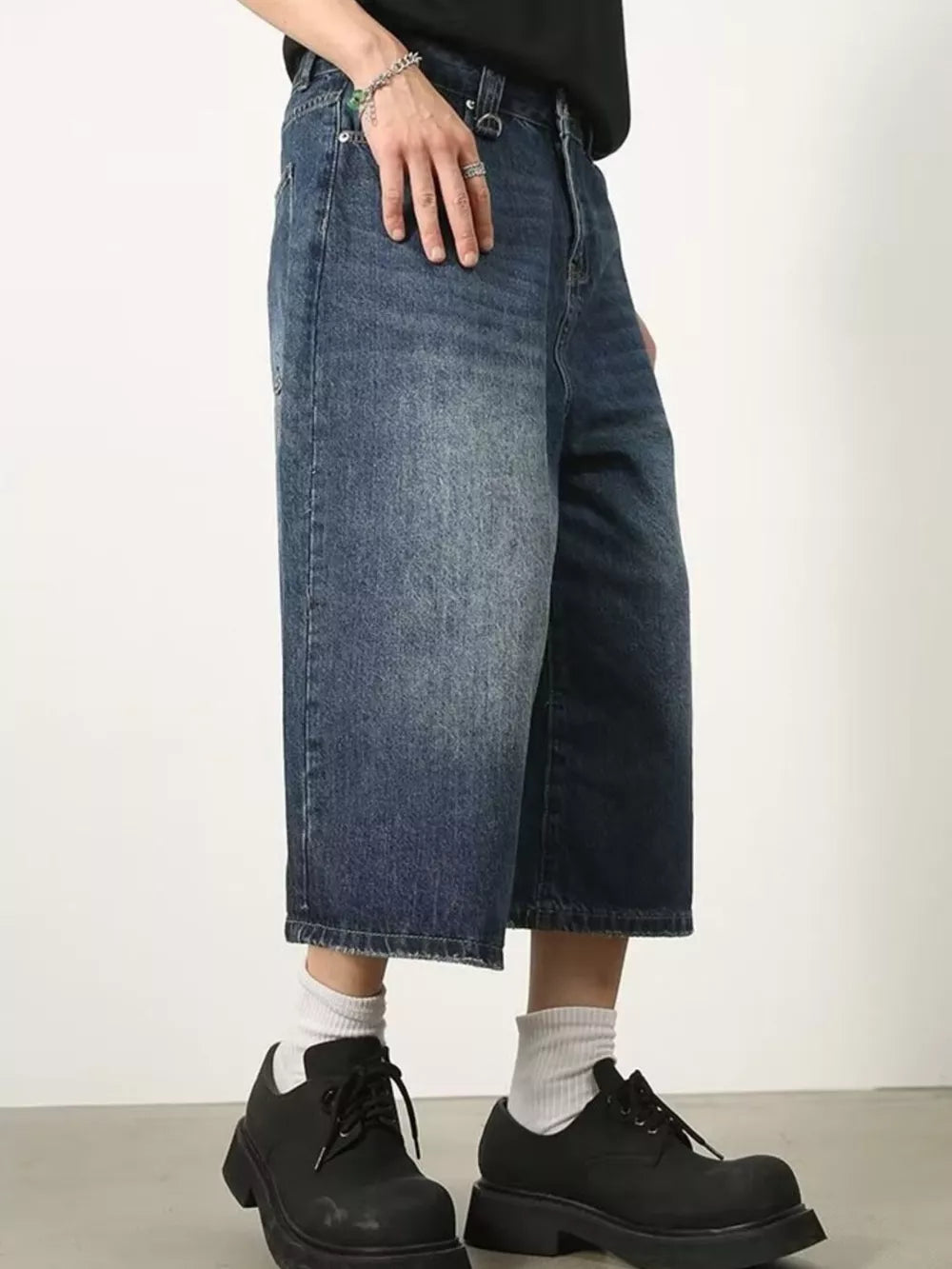Men's Wide Leg Cropped Jeans Plus Size in Dark Blue