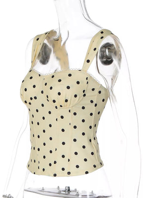 Pastel yellow polka dot sweetheart neckline tank top with scalloped trim