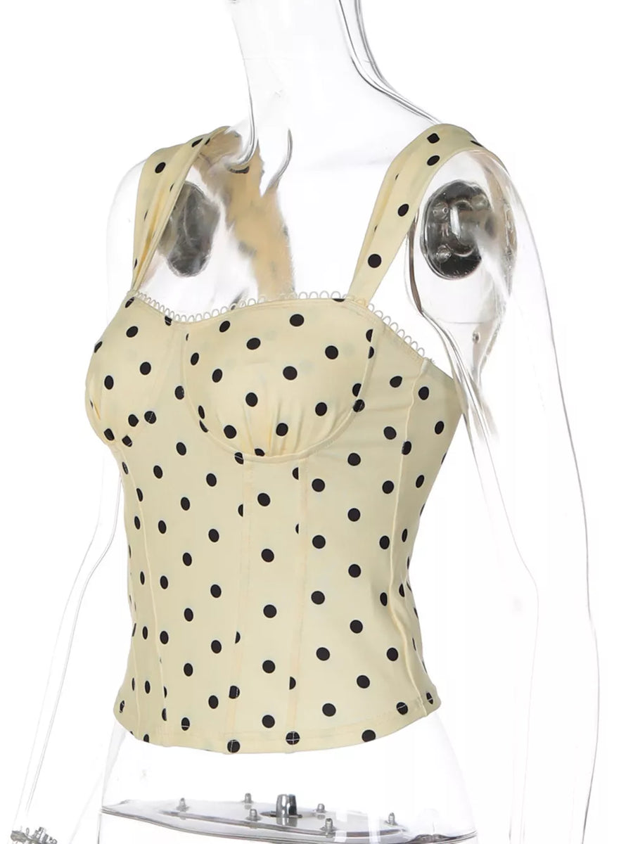 Pastel yellow polka dot sweetheart neckline tank top with scalloped trim