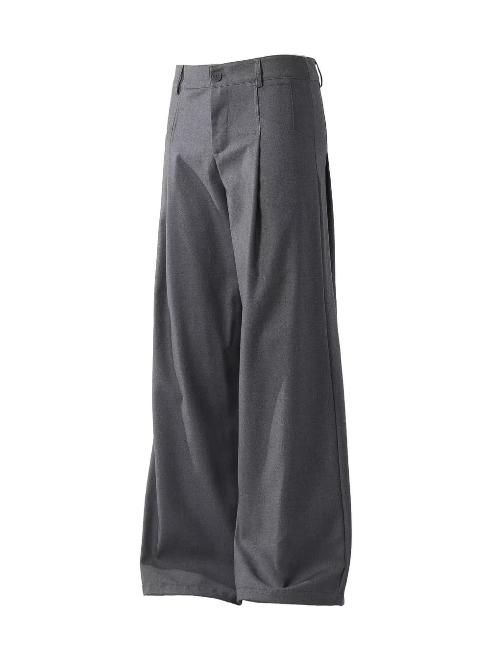 Men's dark gray wide-leg trousers with button closure and belt loops.