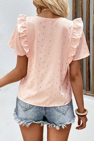 Watermelon pink dotted ruffle sleeve blouse with gold diamond pattern