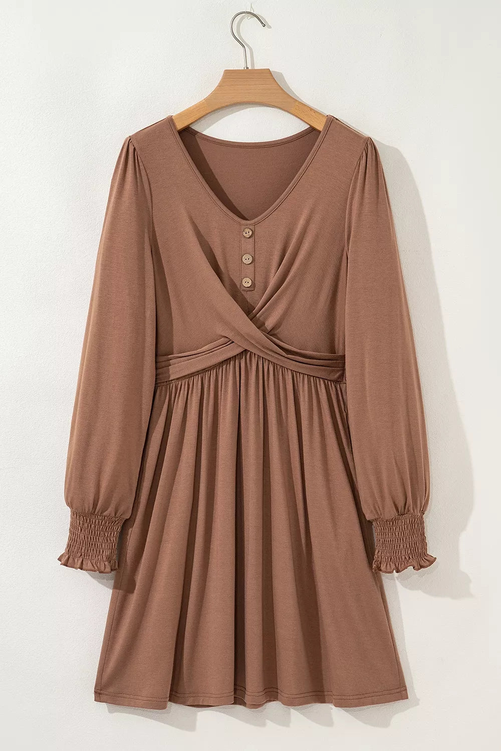 brown mini dress with stretch and bishop sleeve