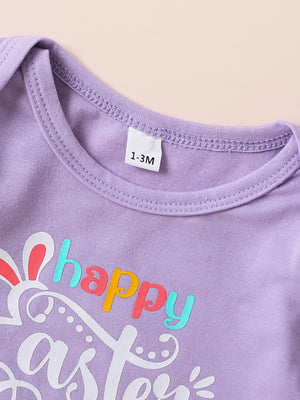 Lavender baby bodysuit with "happy easter" graphic and bunny ears detail