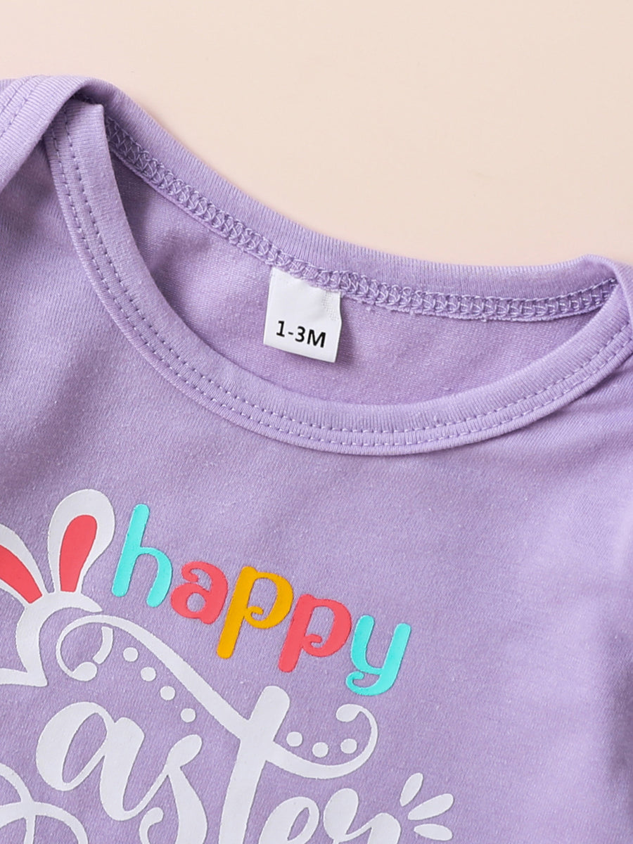 Lavender baby bodysuit with "happy easter" graphic and bunny ears detail