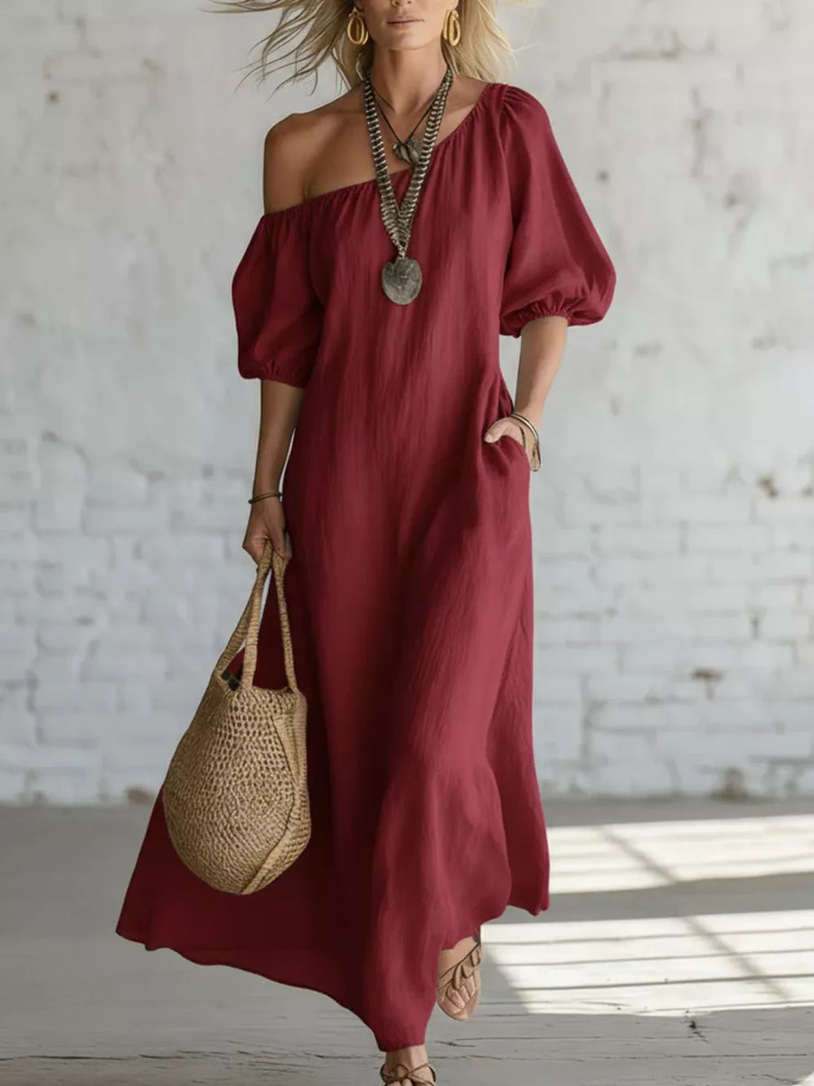 White One-shoulder Puff Sleeve Maxi Dress