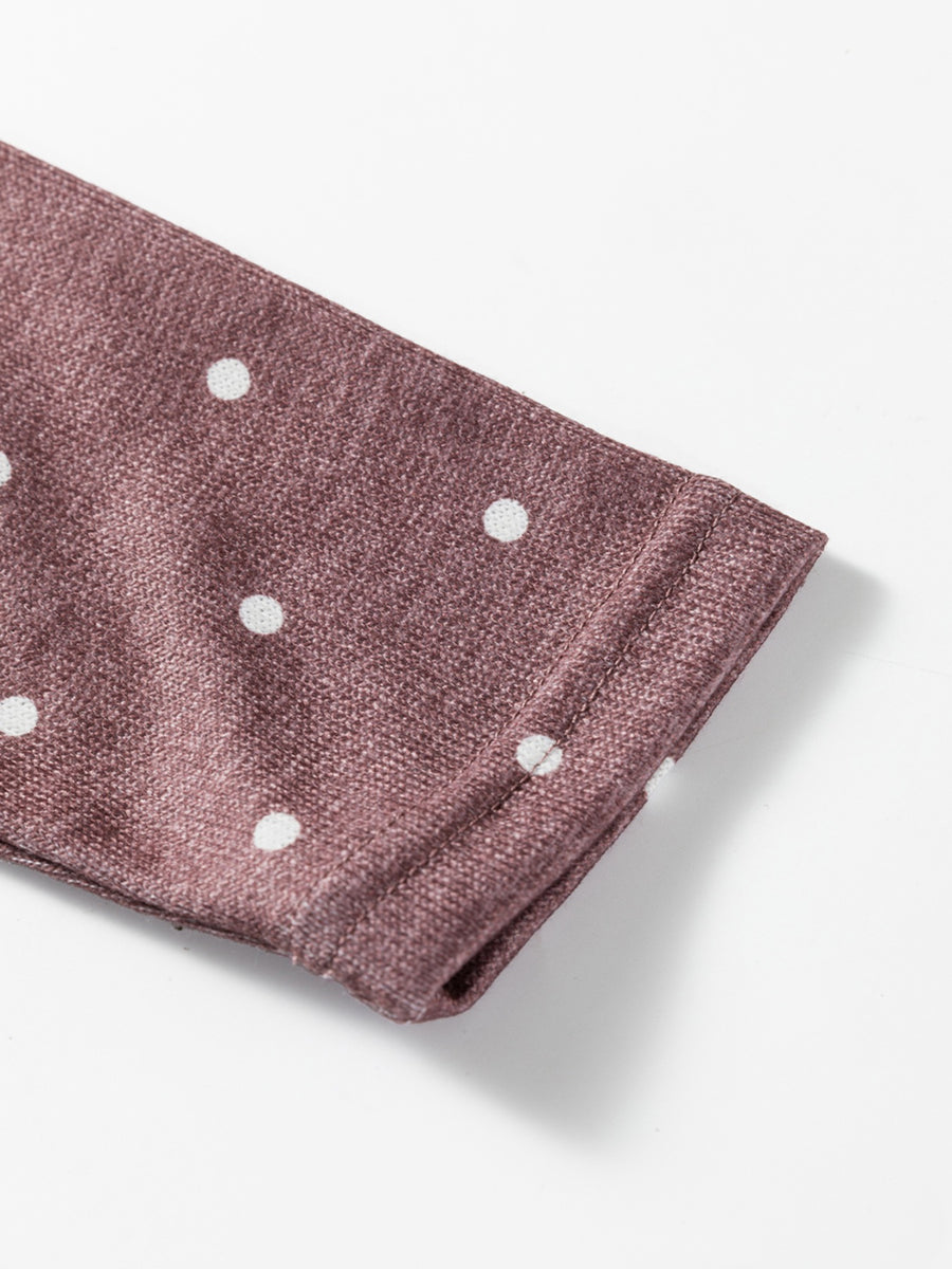 Boat neck polka dot long-sleeve tee in coffee brown with white dots.