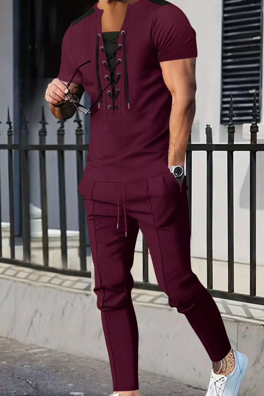 Men's Full Size Lace-up Front Top And Pants Set in Grey