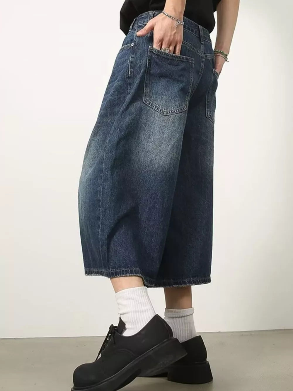 Dark Blue with Men's Wide Leg Cropped Jeans Plus Size