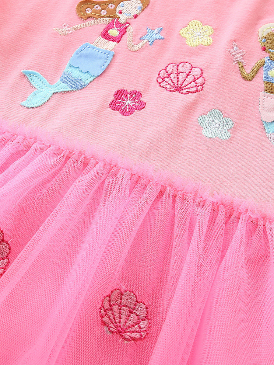 Pink toddler dress with mermaid and shell embroidery, tulle skirt detail