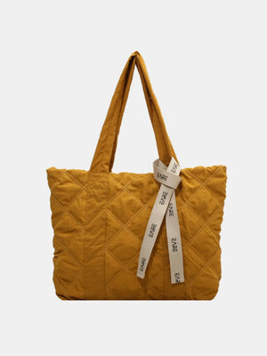 Mustard diamond quilt nylon tote bag with logo strap detail