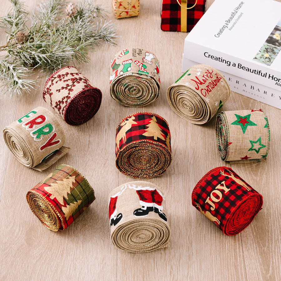 Festive holiday ribbons in burlap with Christmas patterns like Santa, trees, and JOY.