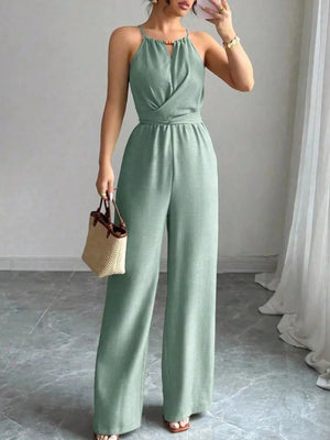 Mint Green jumpsuit with full-length and tie, zipper