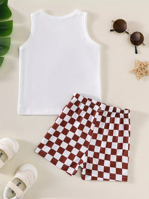 Baby girls' white graphic tank top and brown checkered shorts set.