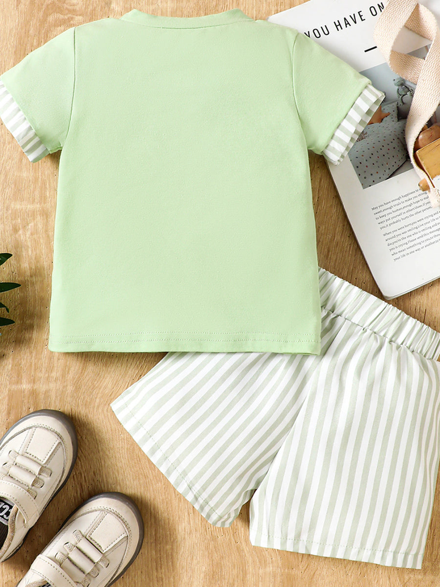 Light green cotton baby tee with striped cuffs and matching striped shorts.