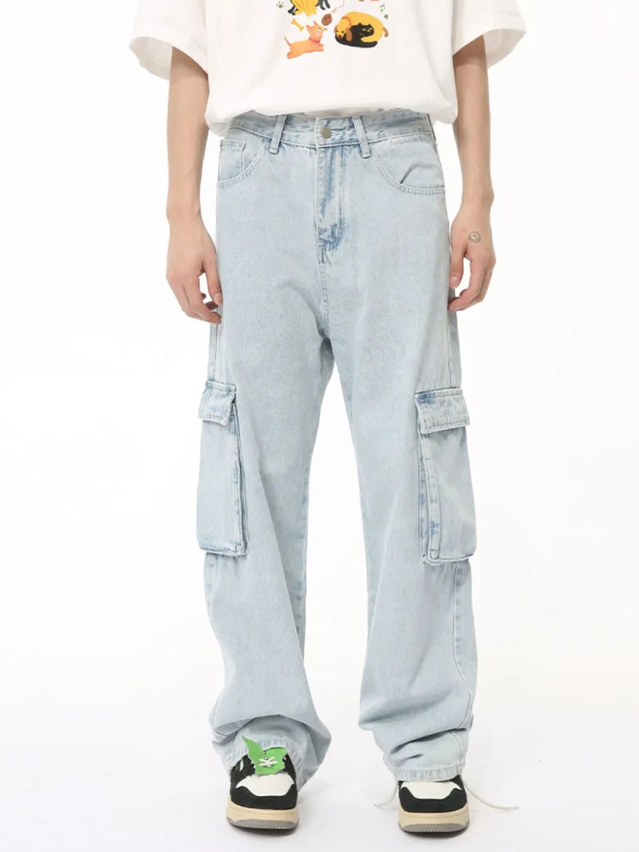 Light wash baggy denim cargo pants with multiple pockets