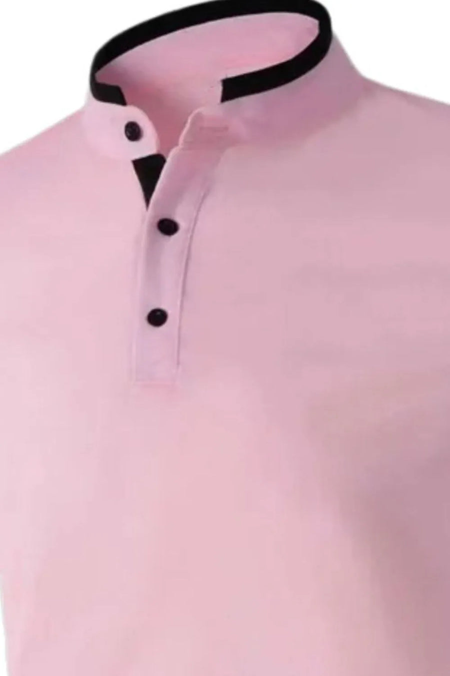 Men's dusty pink polo shirt with contrast black collar and button placket.
