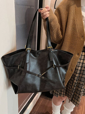 PU Leather Imported Size &amp tote in Black with loose silhouette