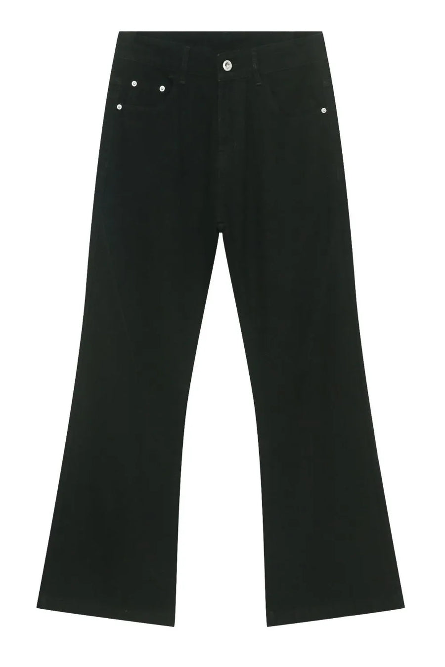 Black bootcut denim jeans with silver button closure and rivets