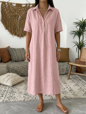 Full Size Button Detail Half Sleeve Dress Plus Size in Blue