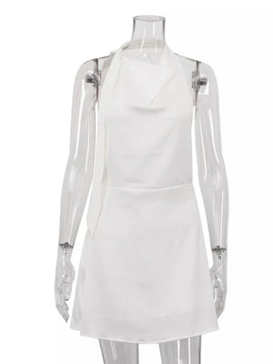 White halter neck mini dress with cowl neck and tie detail