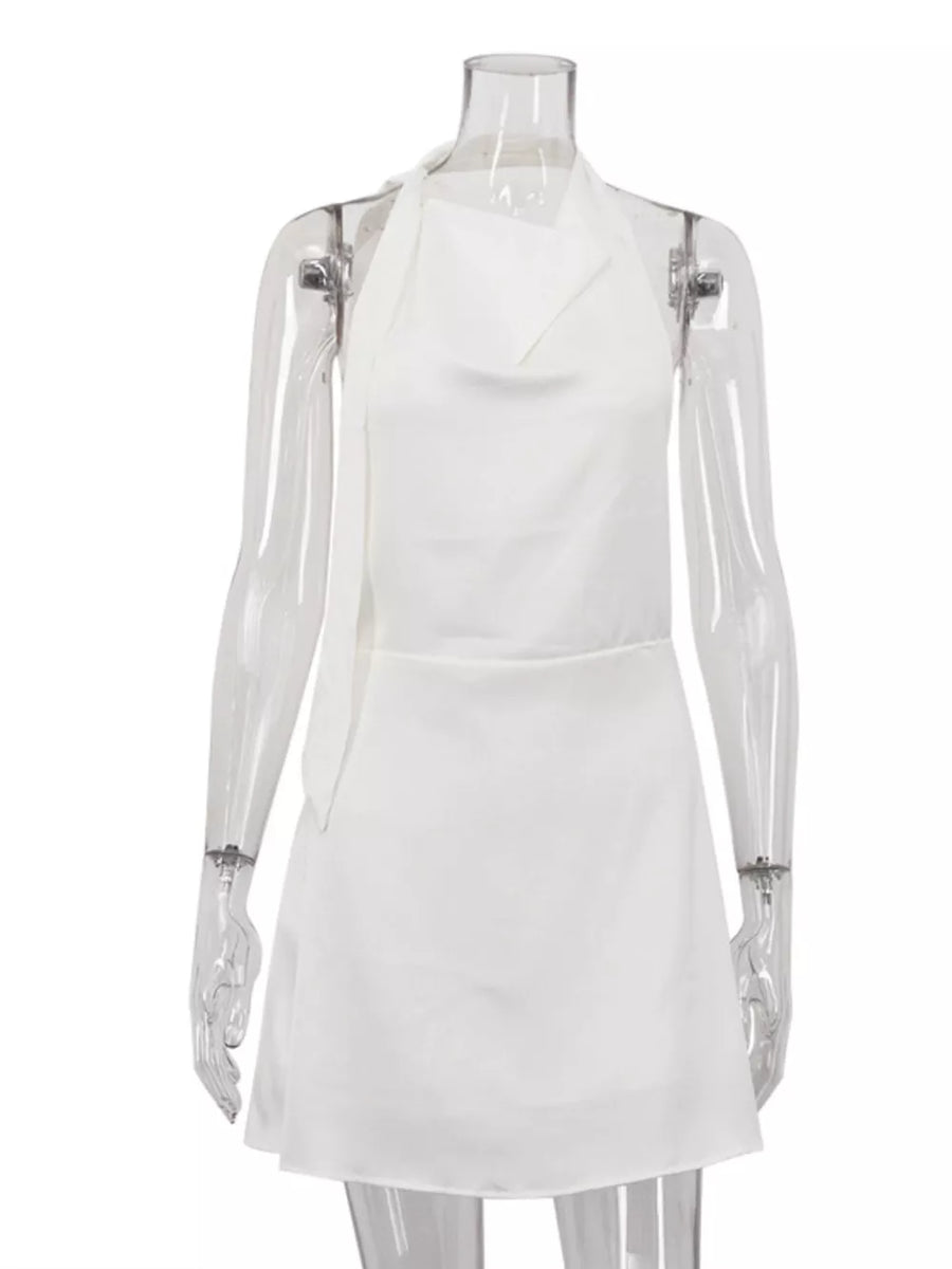 White halter neck mini dress with cowl neck and tie detail