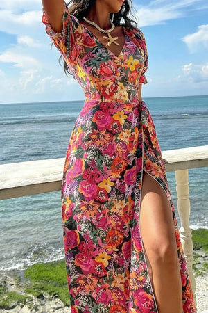 Slit Floral Short Sleeve Maxi Dress option 5