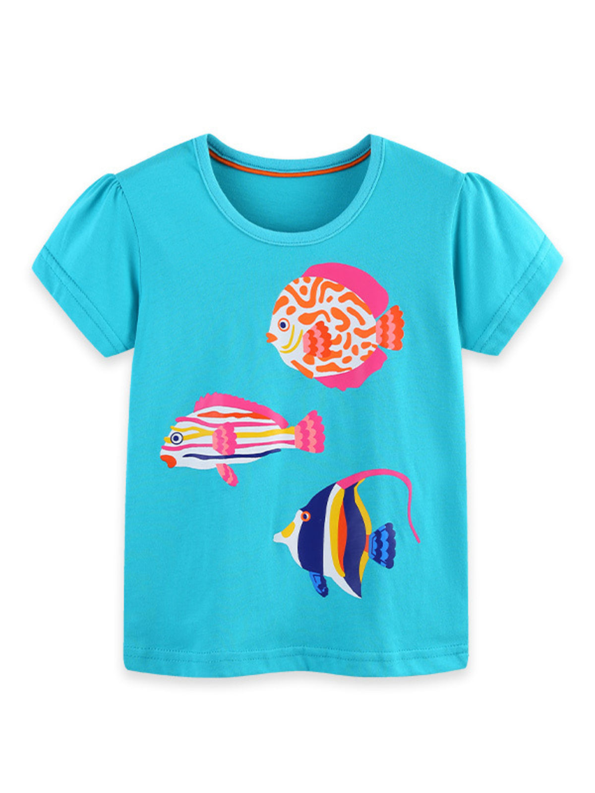 Blue cotton crew neck t-shirt with three colorful fish graphics