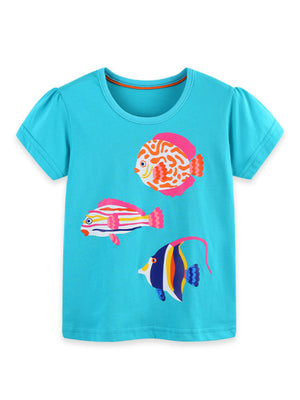 Blue cotton crew neck t-shirt with three colorful fish graphics