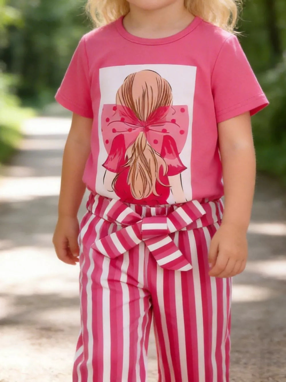 Pink bowknot graphic tee with striped pants and matching bowknot belt for girls.