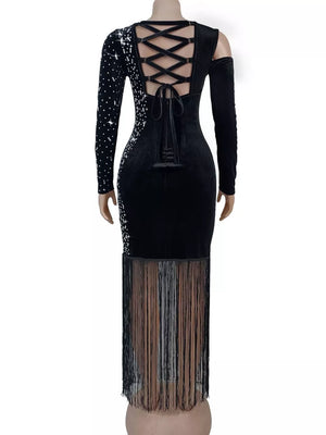 black cocktail dress with sequin and long sleeve