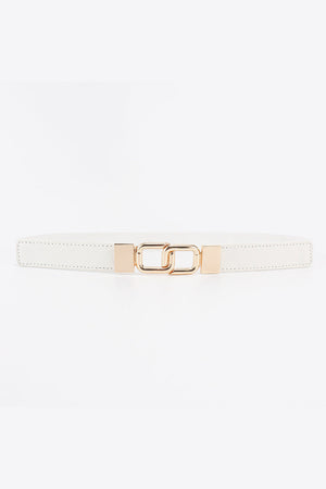White belt with linked rectangle gold buckle and gold end caps