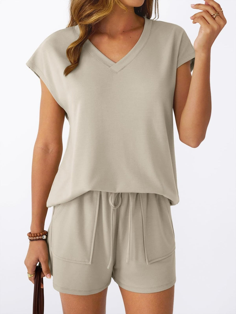 Apricot V-neck top and drawstring shorts set with pockets