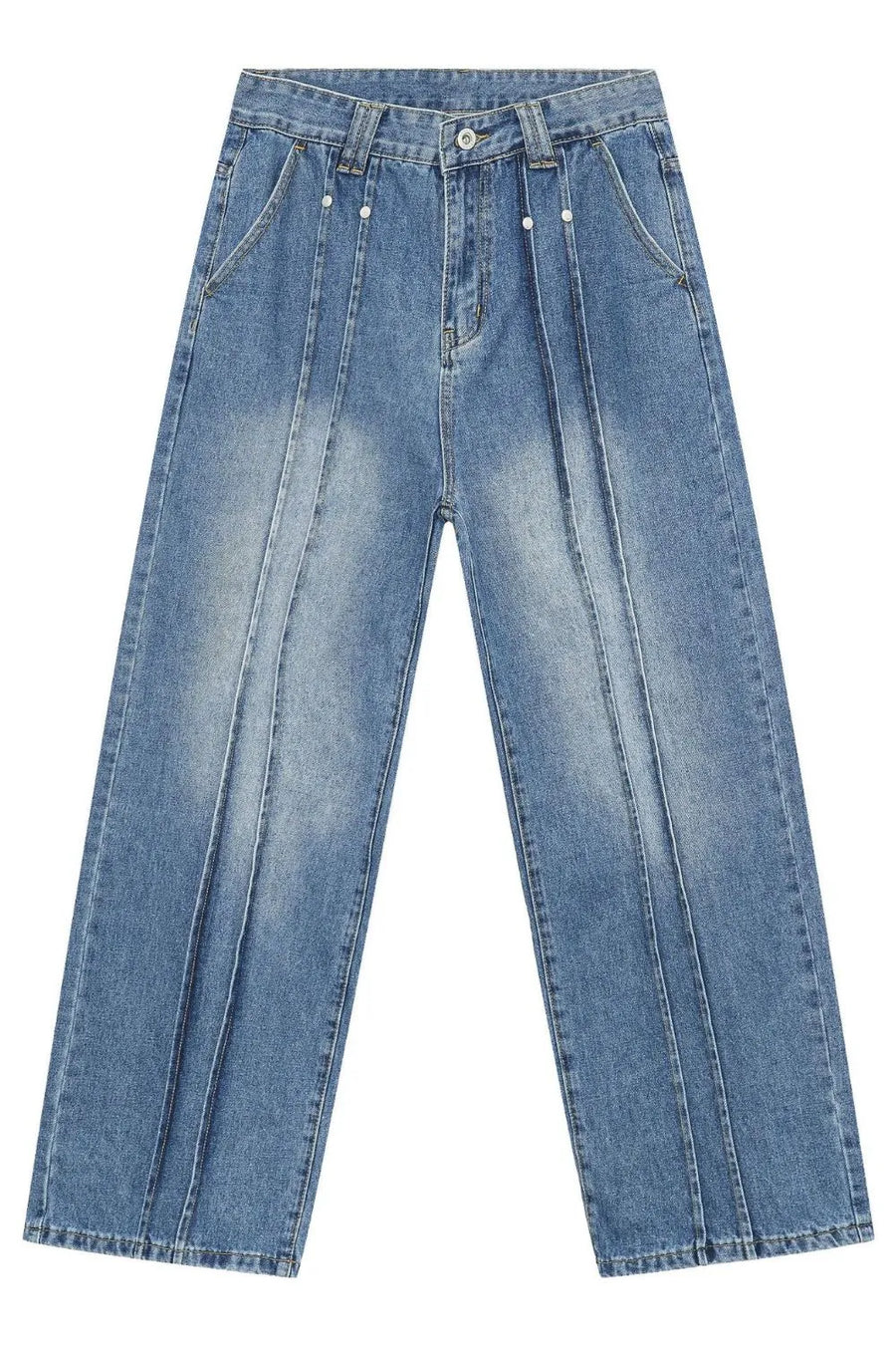 Medium wash denim trousers with vertical seams and a relaxed fit.