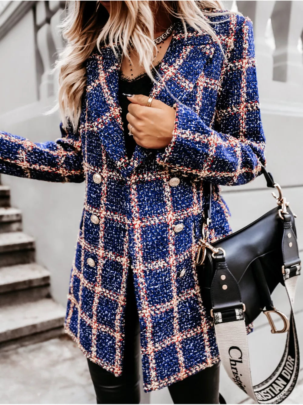 Plaid Tweed Double-breasted Coat in white with double-breasted
