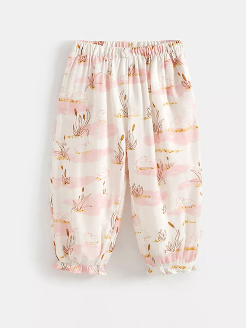 Baby cotton bottoms with bunny and cattail print, elastic waist, and ruffled cuffs.