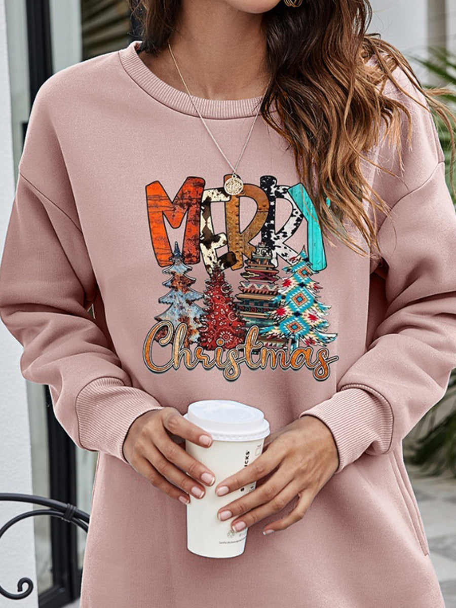 Dusty Pink extended hemline sweatshirt with Merry Christmas graphic and festive trees.